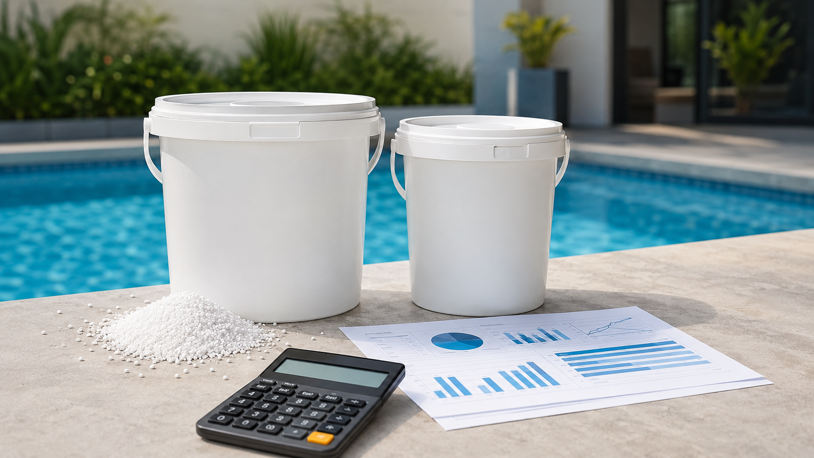 Recipientes de produtos para piscina e grânulos usados na comparação de composição